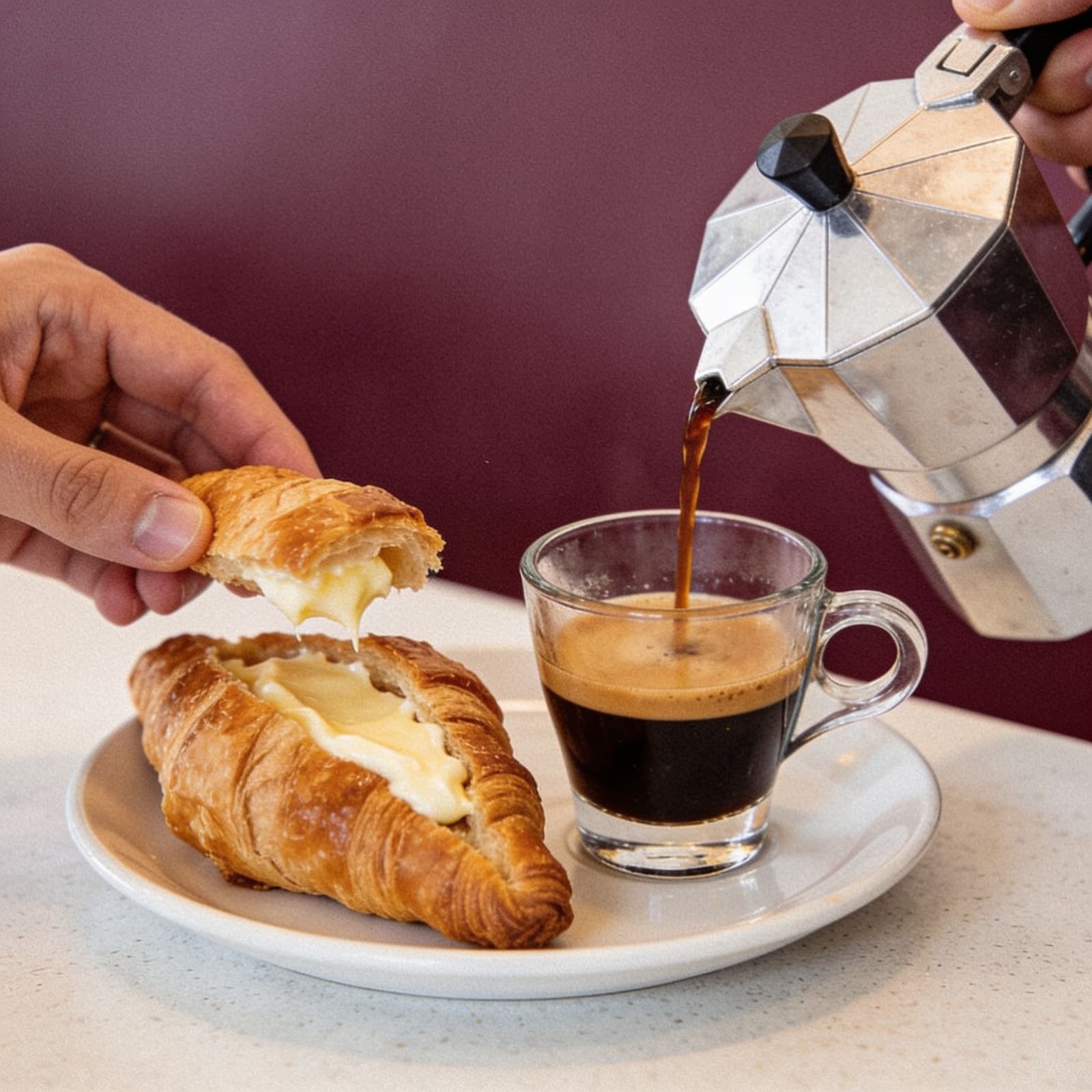 Espresso e cornetto farcito sul banco della caffetteria